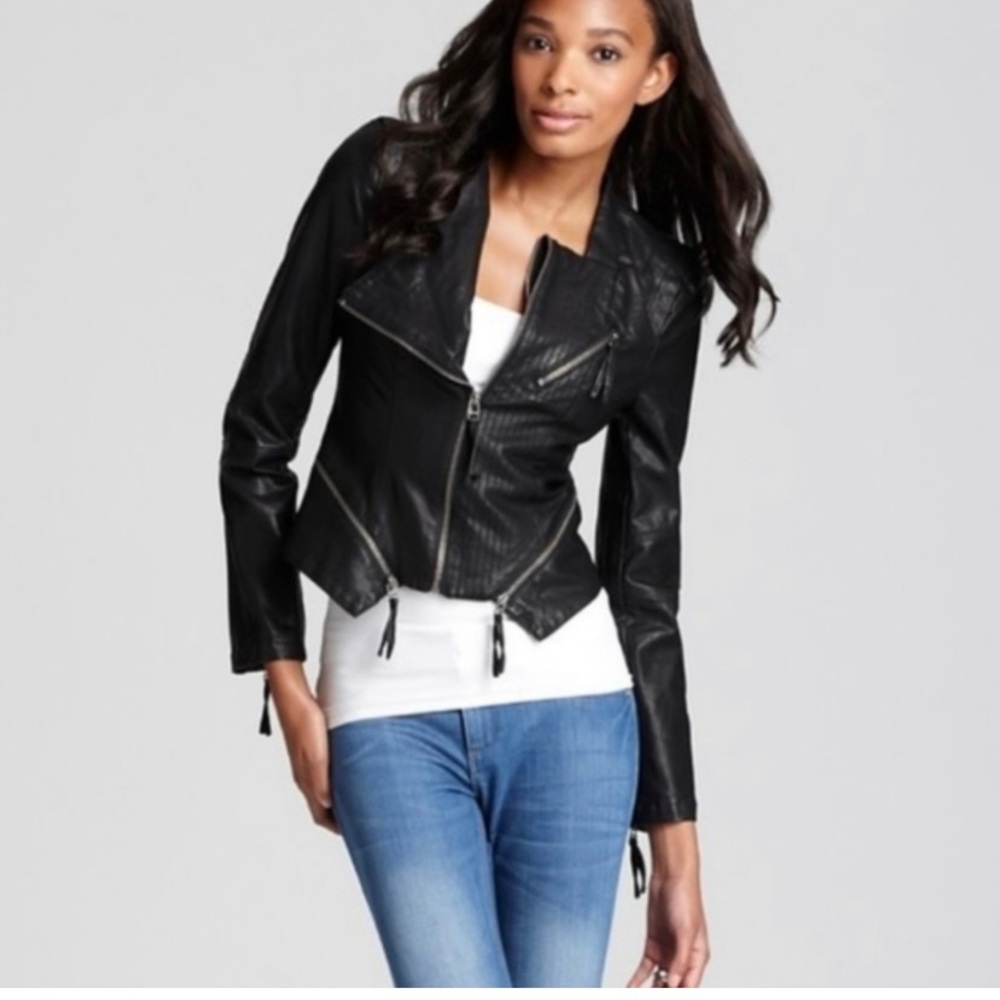 Black faux leather jacket.